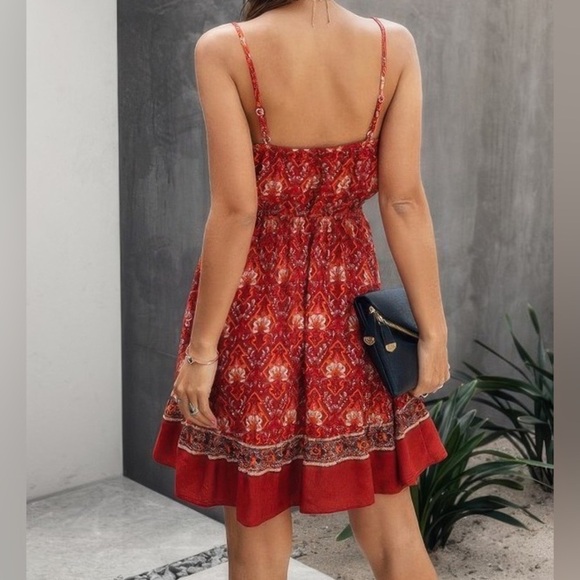 Red Floral spaghetti strap button down ruffle mini dress - Picture 2 of 3